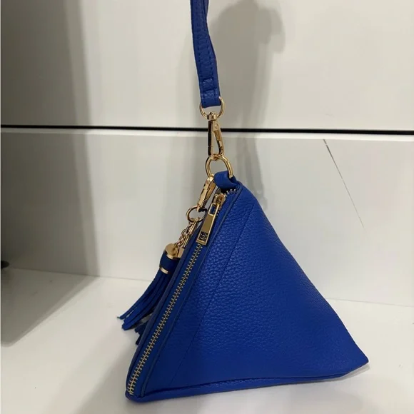 Royal Blue Leather Pyramid Shaped Handbag with Tassel Keychain - Picture 3 of 4